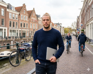 Marc Wijnja loopt door het centrum van een stad in Noord Nederland